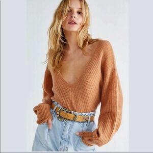 Free People Elias Cashmere Long Sleeve V Neck Sweater Cinnamon Womens Small